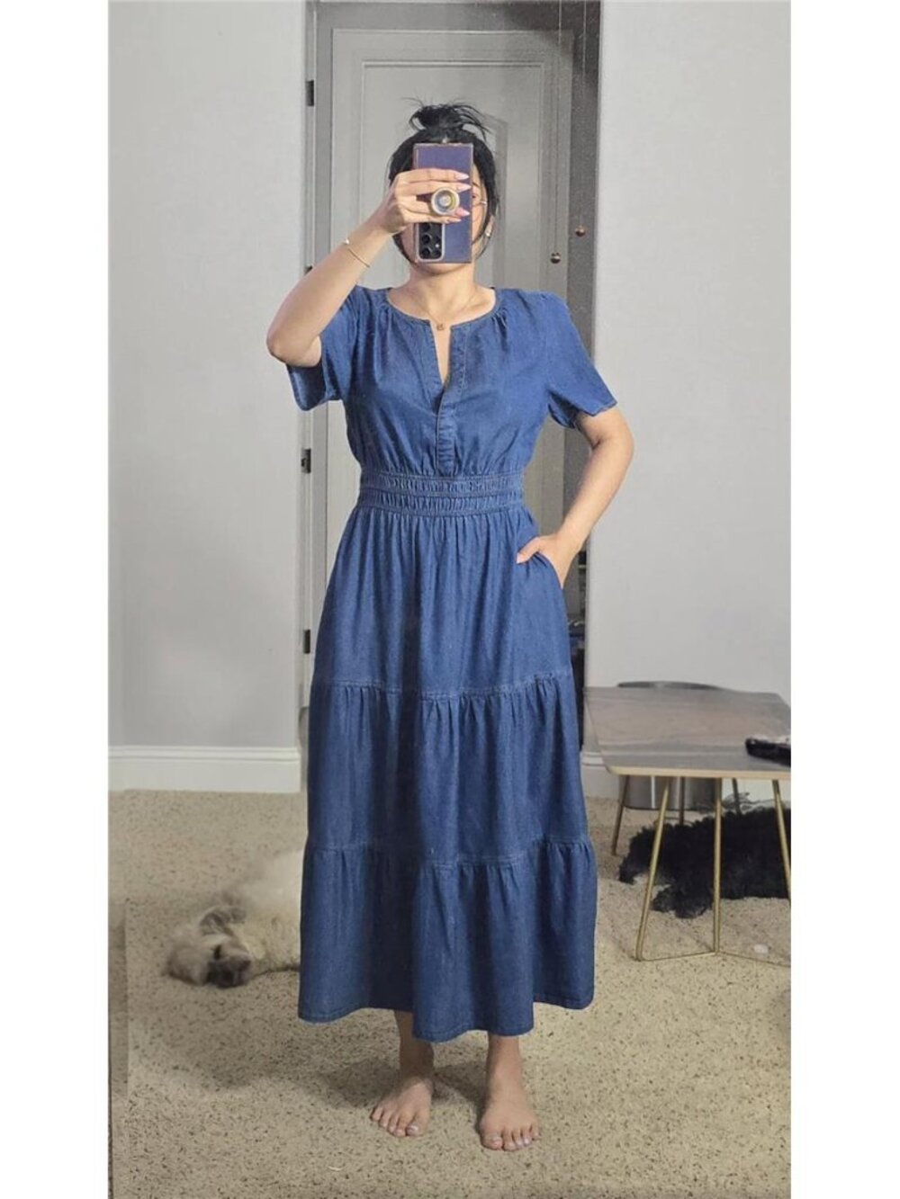 Summer Denim Dress Casual Short Sleeve V Neck Empire Waist Boho